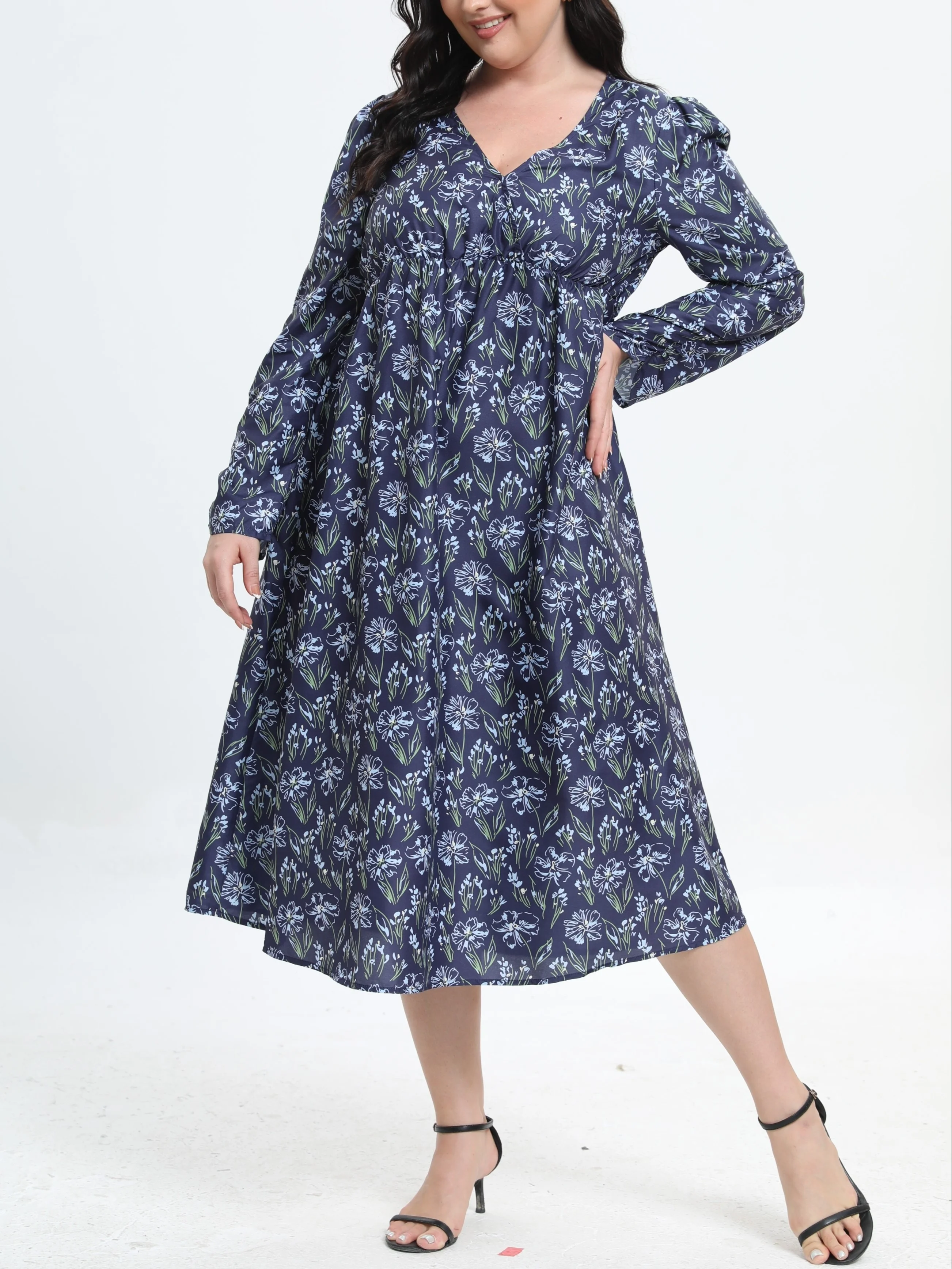 Floral Print Plus Size Women's V-Neck Midi Dress