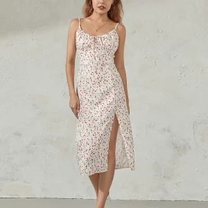 Floral Print Sleeveless Midi Dress with Spaghetti Straps