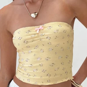 Floral Print Tube Top with Bow Detail - Women's Summer Bandeau Crop Top