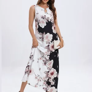 Floral Print V-Neck Maxi Dress for Women, Elegant Black Long Sleeve Autumn Winter Party Dress