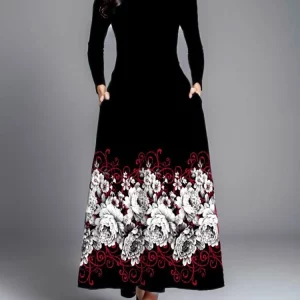 Floral Print V-Neck Maxi Dress for Women, Elegant Black Long Sleeve Autumn Winter Party Dress