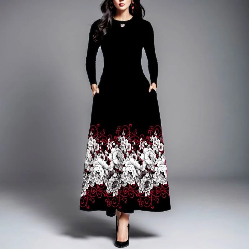 Floral Print V-Neck Maxi Dress for Women, Elegant Black Long Sleeve Autumn Winter Party Dress