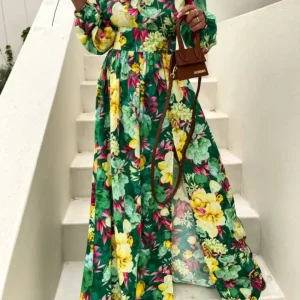 Floral Printed Split Dress with Long Sleeves - Summer Vacation Fashion