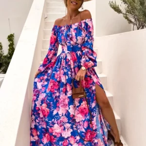 Floral Printed Split Dress with Long Sleeves - Summer Vacation Fashion