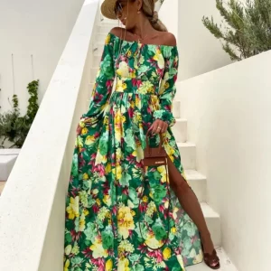 Floral Printed Split Dress with Long Sleeves - Summer Vacation Fashion