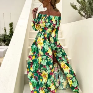 Floral Printed Split Dress with Long Sleeves - Summer Vacation Fashion