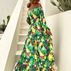 Floral Printed Split Dress with Long Sleeves - Summer Vacation Fashion