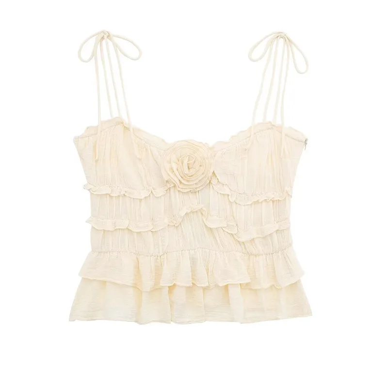 Floral Ruffle Halter Top with Lace-Up Detail