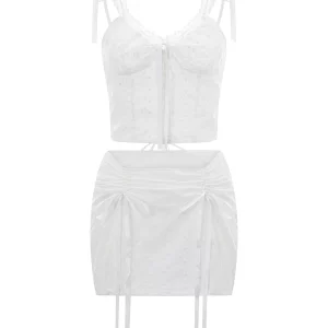 Flower Embroidery White Women's Summer Set with Bow Suspender Corset Crop Top and Ruched Mini Skirt