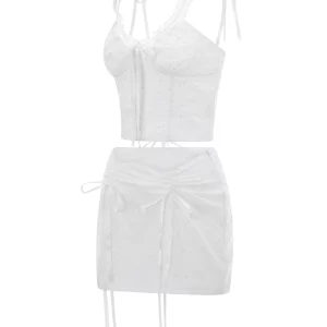 Flower Embroidery White Women's Summer Set with Bow Suspender Corset Crop Top and Ruched Mini Skirt