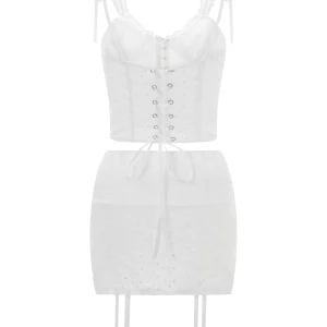 Flower Embroidery White Women's Summer Set with Bow Suspender Corset Crop Top and Ruched Mini Skirt