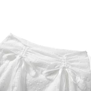 Flower Embroidery White Women's Summer Set with Bow Suspender Corset Crop Top and Ruched Mini Skirt