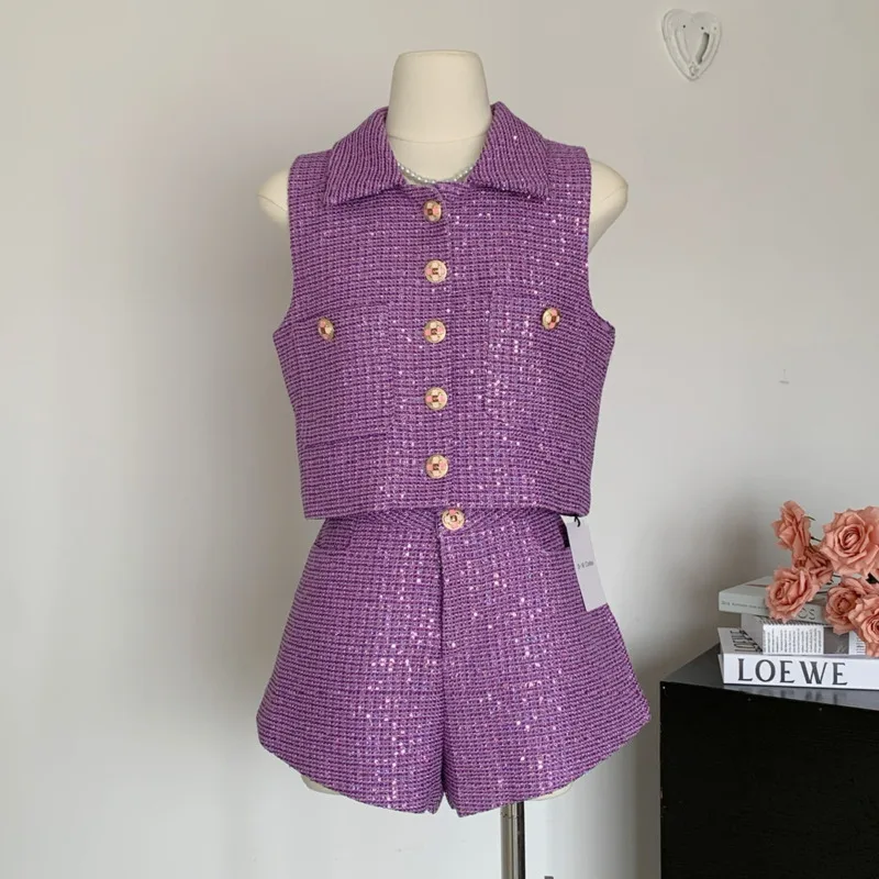 French Fashion Luxury Tweed 2-Piece Pant Set with Vest & Shorts - Women's High-Quality Korean Suit