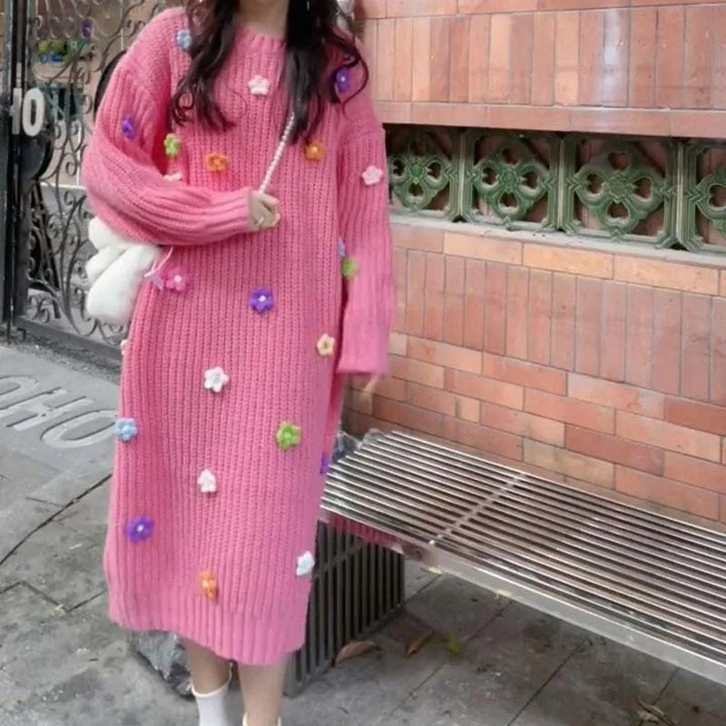 French Flower Knitted Dress for Women | Colorful Woolen Long Dress