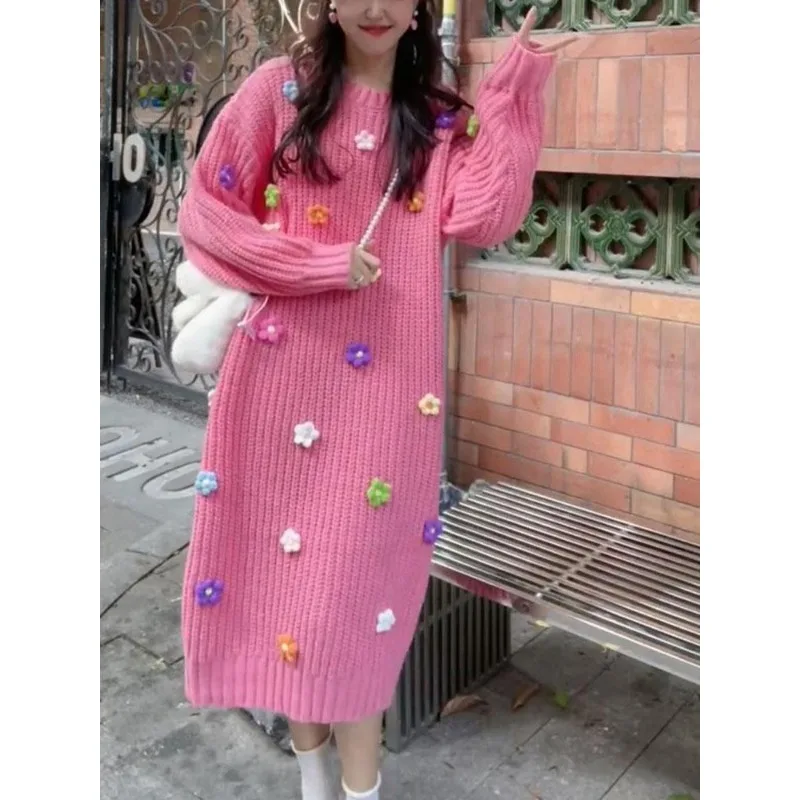 French Flower Knitted Dress for Women | Colorful Woolen Long Dress