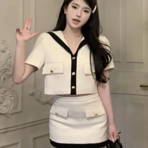 French Fragrance Two-Piece Set: Jacket, Crop Top, Skirt