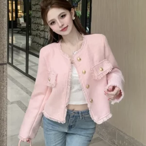 French Vintage Tweed Jacket Coat Women's Spring Fashion Casual Street Short Coats