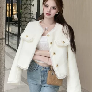 French Vintage Tweed Jacket Coat Women's Spring Fashion Casual Street Short Coats