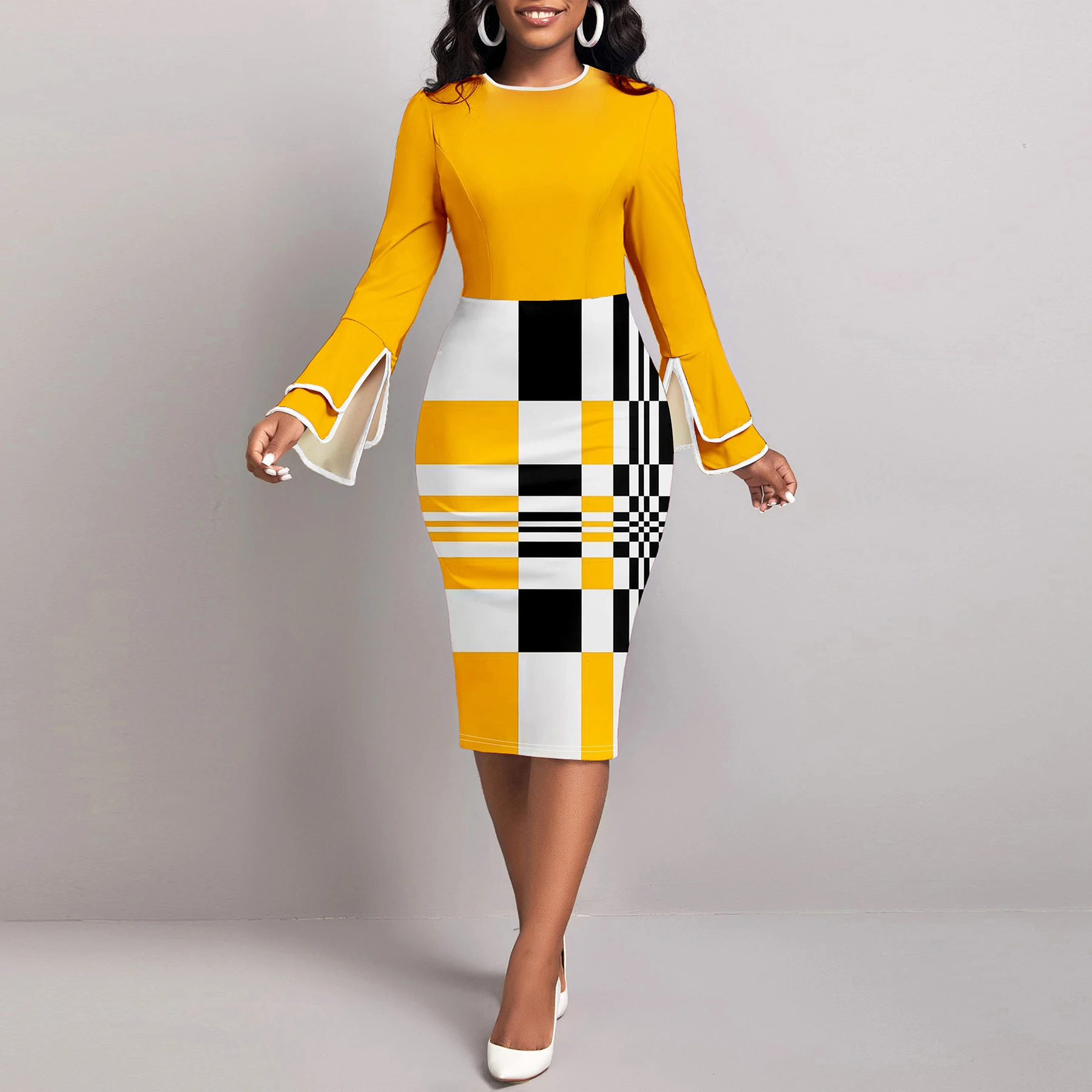 Geo Print Tiered Long Sleeve Sheath Dress - Elegant Women's Fashion for Spring & Fall