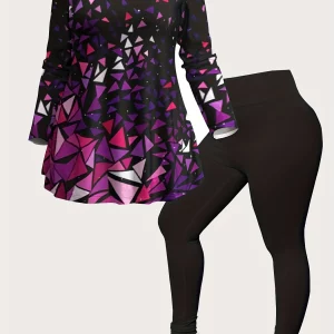 Geometric Print Plus Size Two-piece Set, Crew Neck Top & Slim Pants - Women's Plus Size Outfit