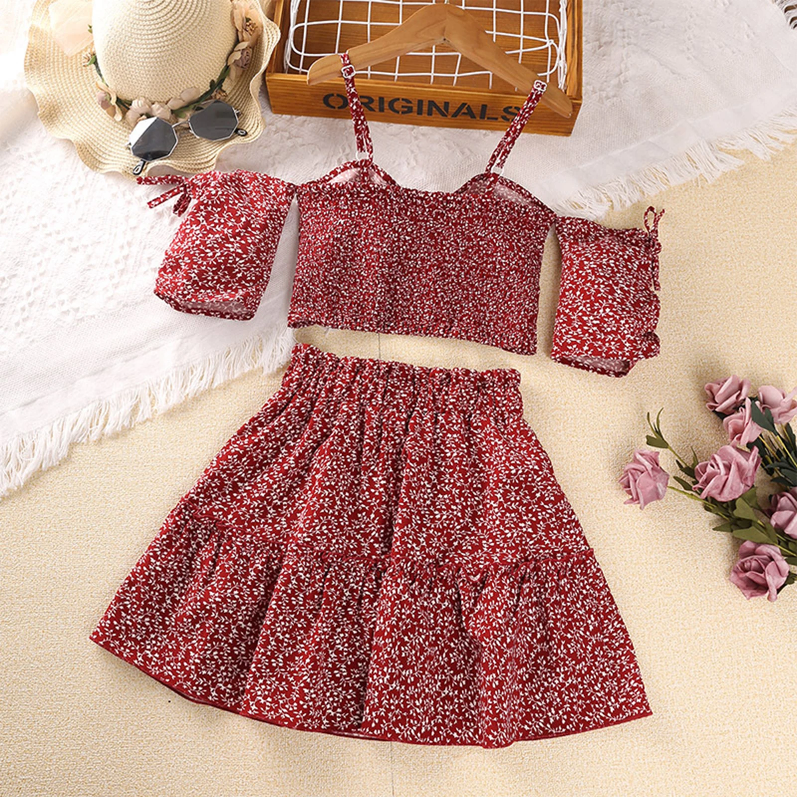 Girls' 2-Piece Floral Print Off-Shoulder Top and High-Waist Skirt Set