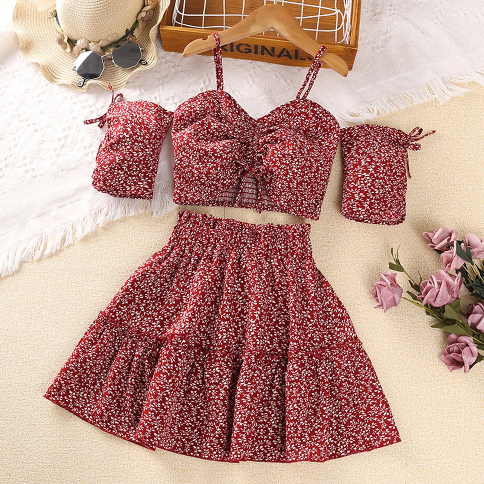 Girls' 2-Piece Floral Print Off-Shoulder Top and High-Waist Skirt Set