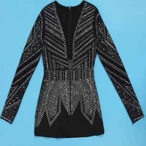 Glam Black Rhinestone Long Sleeve Sequin Jumpsuit