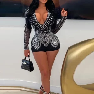 Glam Black Rhinestone Long Sleeve Sequin Jumpsuit