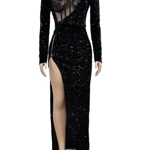 Glam Sequin Maxi Dress Set with Rhinestone Lace Bodysuit