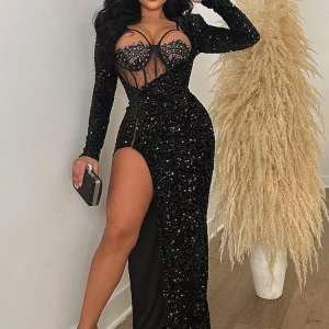 Glam Sequin Maxi Dress Set with Rhinestone Lace Bodysuit