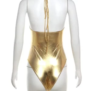 Gold Cutout Chain Halter Bodysuit | Backless Lace-Up | Sexy Skinny Top | 2024 Beachwear