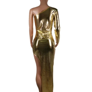 Golden One Shoulder High Slit Bodycon Maxi Dress for Women - Sexy Spring Night Club Party Outfit