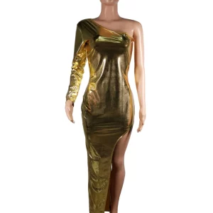 Golden One Shoulder High Slit Bodycon Maxi Dress for Women - Sexy Spring Night Club Party Outfit