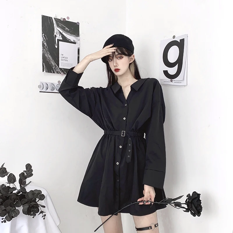 Gothic Black Mini Dress Women Streetwear Long Sleeve Bodycon A-Line Dress