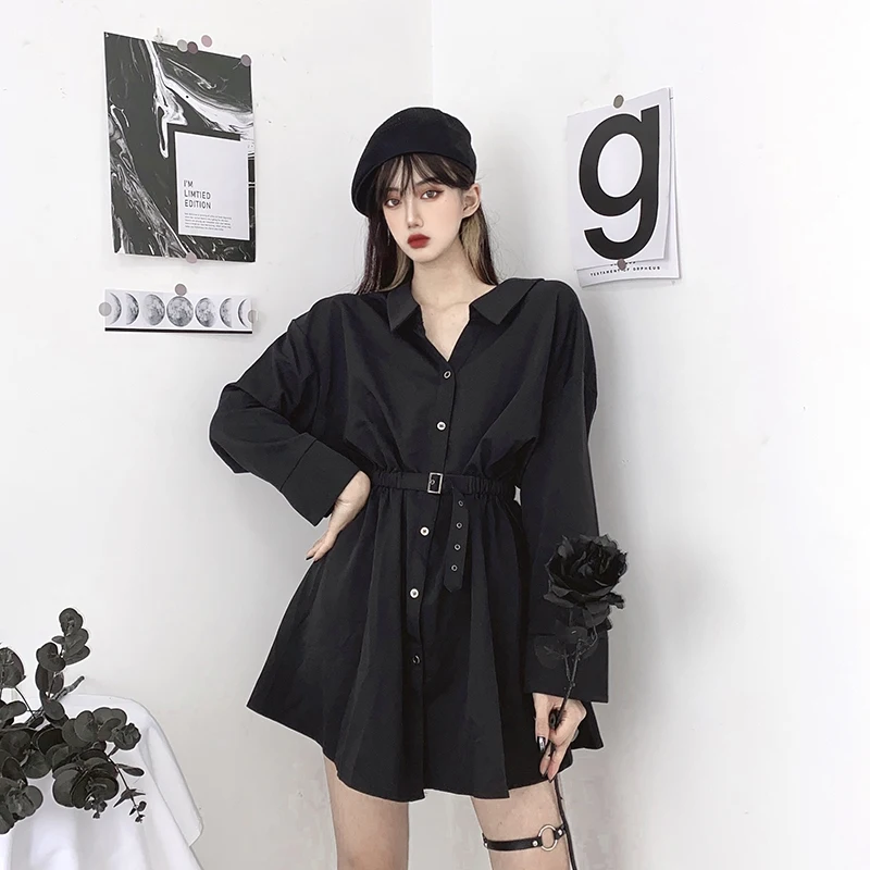 Gothic Black Mini Dress Women Streetwear Long Sleeve Bodycon A-Line Dress