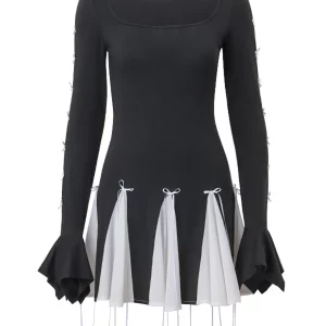 Gothic Retro Black Mini Dress with Bowknot Flare & Ruffles