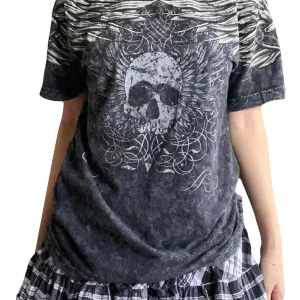 Gothic Skull Wings Print Women's Round Neck T-Shirt