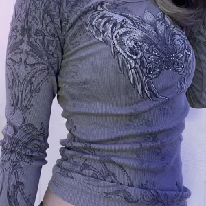 Gothic Wings Print Rhinestone Long Sleeve Women's Top