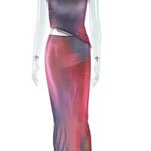 Gradient Color 2-Piece Women's Sexy Tank Top & Maxi Skirt Set for 2024 Holiday Outfits