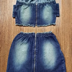 Gradient Stretch Denim 2-Piece Set: Sexy Belt Zip Tank Top & Mini Skirt - 2024 Street