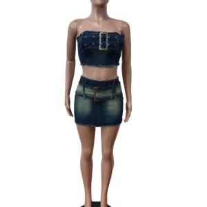 Gradient Stretch Denim 2-Piece Set: Sexy Belt Zip Tank Top & Mini Skirt - 2024 Street