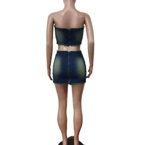 Gradient Stretch Denim 2-Piece Set: Sexy Belt Zip Tank Top & Mini Skirt - 2024 Street