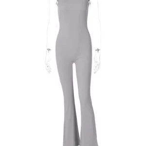 Gray Ribbed Sleeveless Jumpsuit Women's Casual O-Neck Bodycon Overall