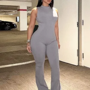 Gray Ribbed Sleeveless Jumpsuit Women's Casual O-Neck Bodycon Overall