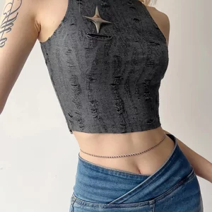 Gray Tank Top for Women: Edgy Y2K Crop, Distressed Corset