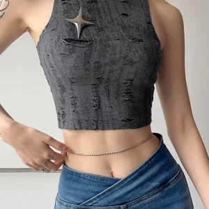 Gray Tank Top for Women: Edgy Y2K Crop, Distressed Corset