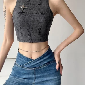 Gray Tank Top for Women: Edgy Y2K Crop, Distressed Corset