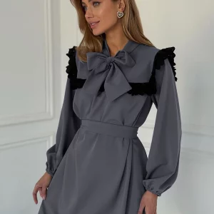 Gray Women's Bow Collar Dress | Elegant Office Wear