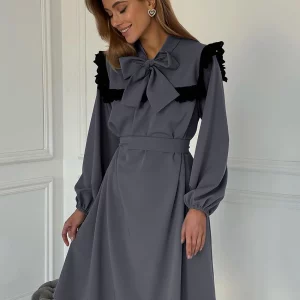 Gray Women's Bow Collar Dress | Elegant Office Wear