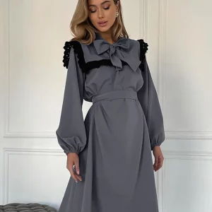 Gray Women's Bow Collar Dress | Elegant Office Wear